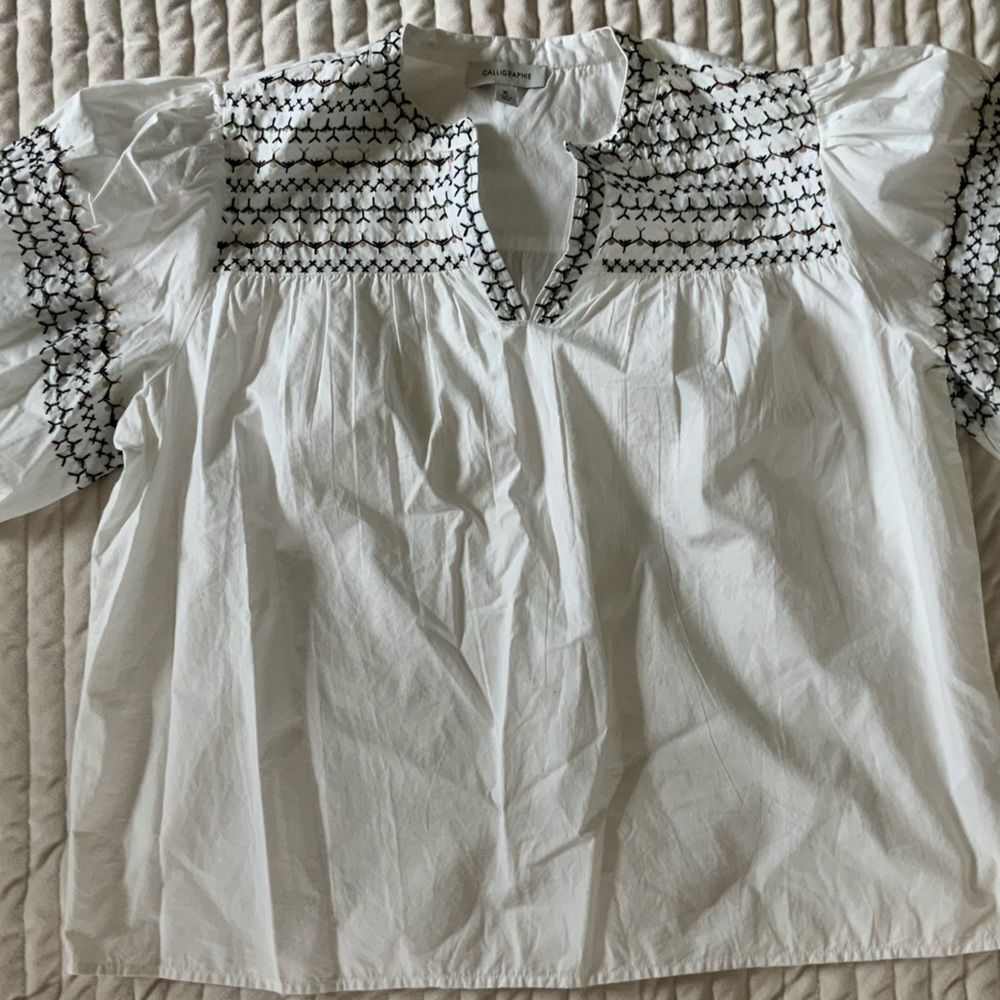 White and Black Blouse with Embroidered Neckline and Sleeves